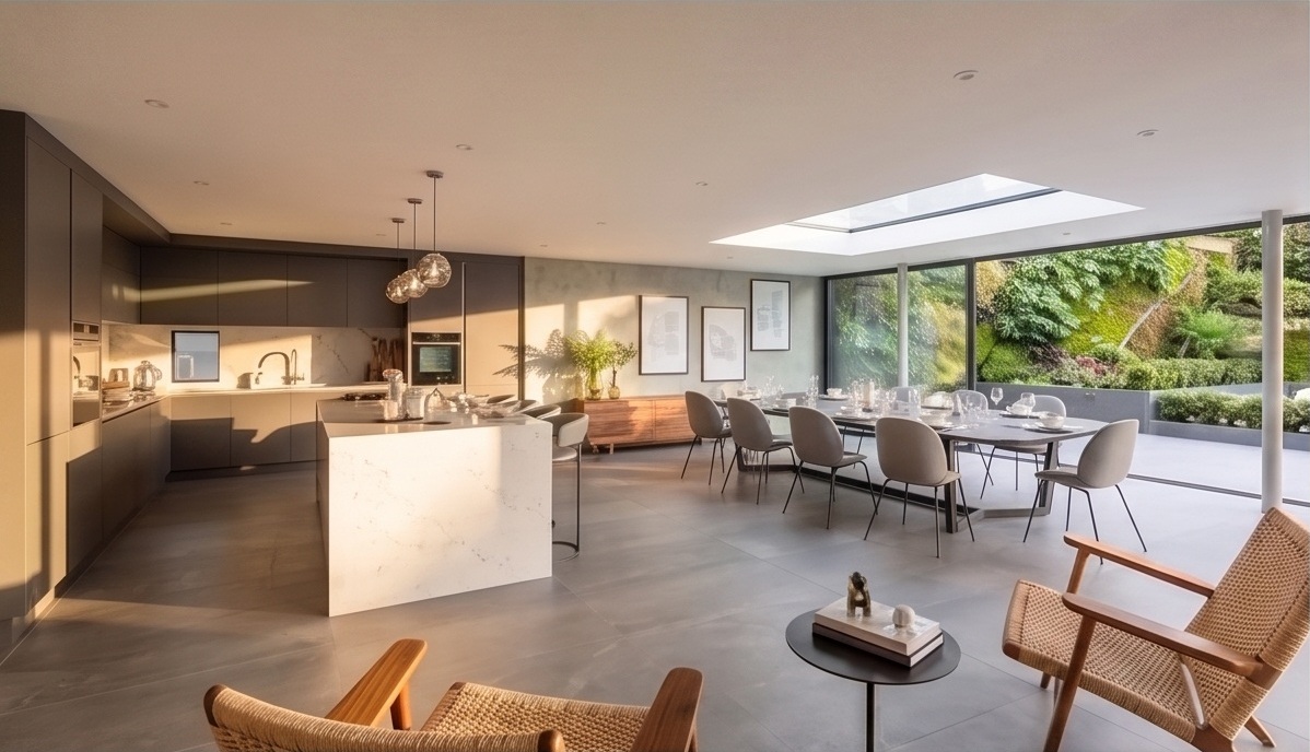 Open-plan kitchen and dining